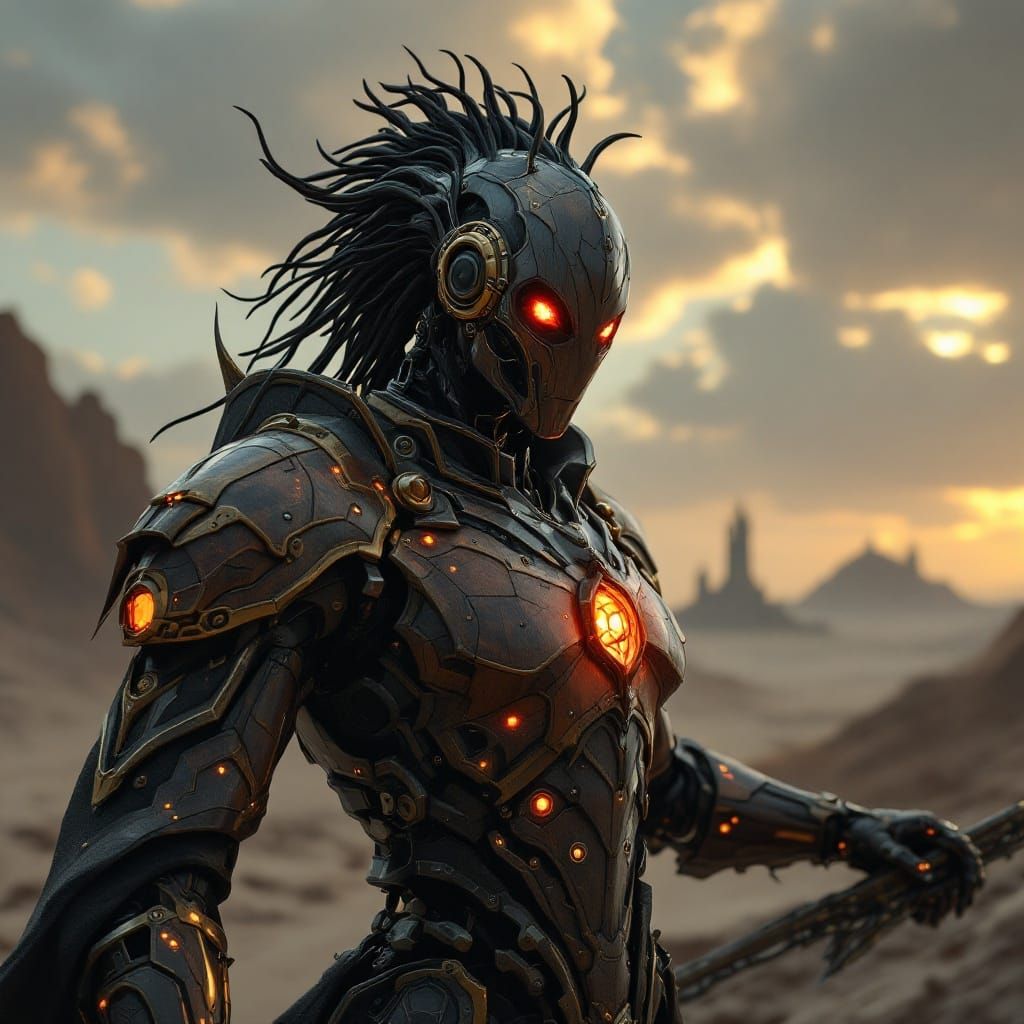 Brass Drow Robot Airship in Desert Landscape