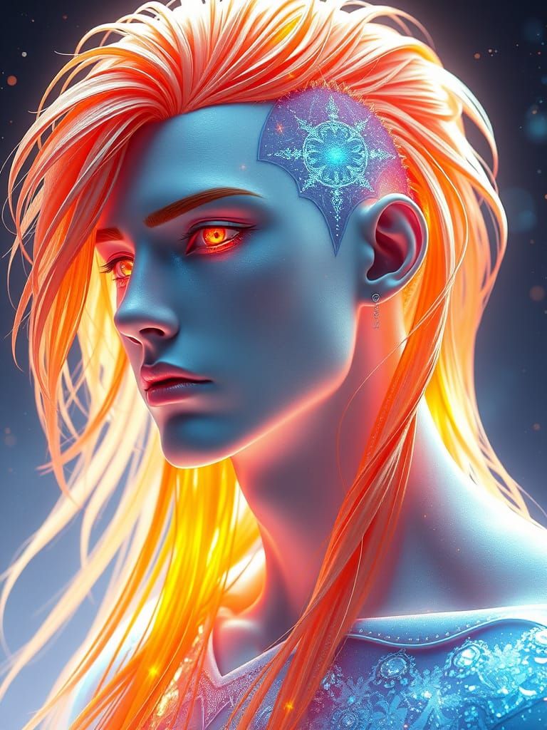 Ethereal Guardian with Vibrant Orange Hair and Glowing Skin