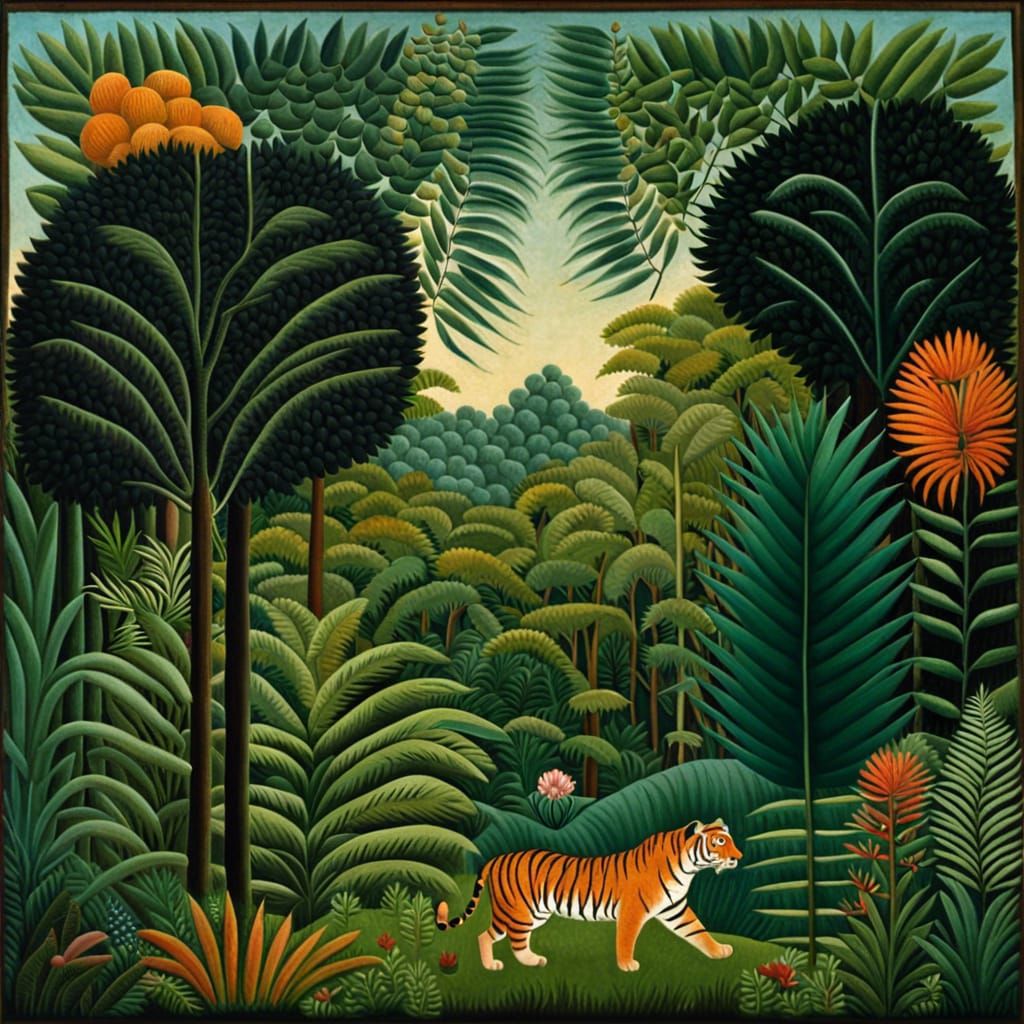 Exotic Jungle Landscape with Tiger in Naive Art Style
