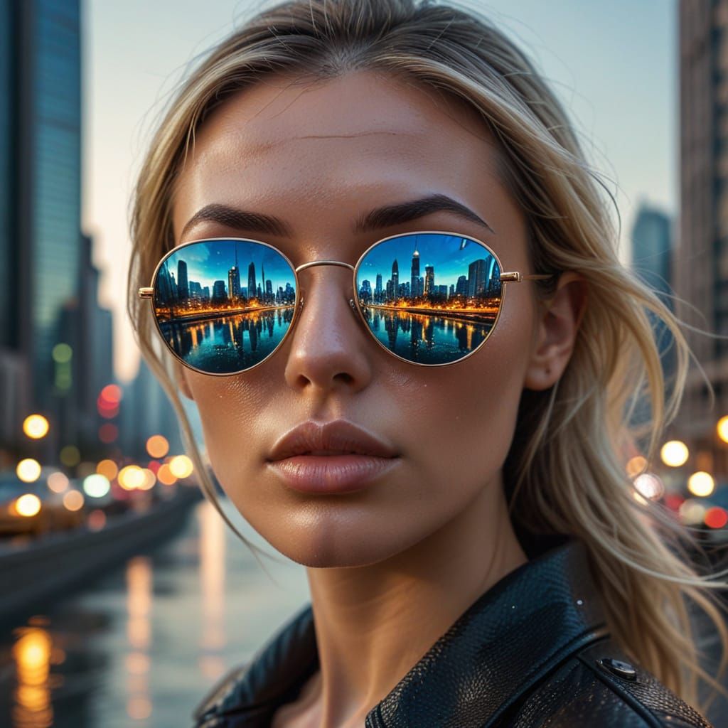 Surreal Reflection: Dubai Cityscape in Mirrored Sunglasses