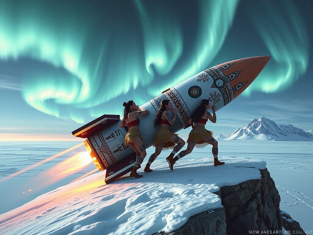 Inuit Women Launch Rocket into Aurora, Art Nouveau Style