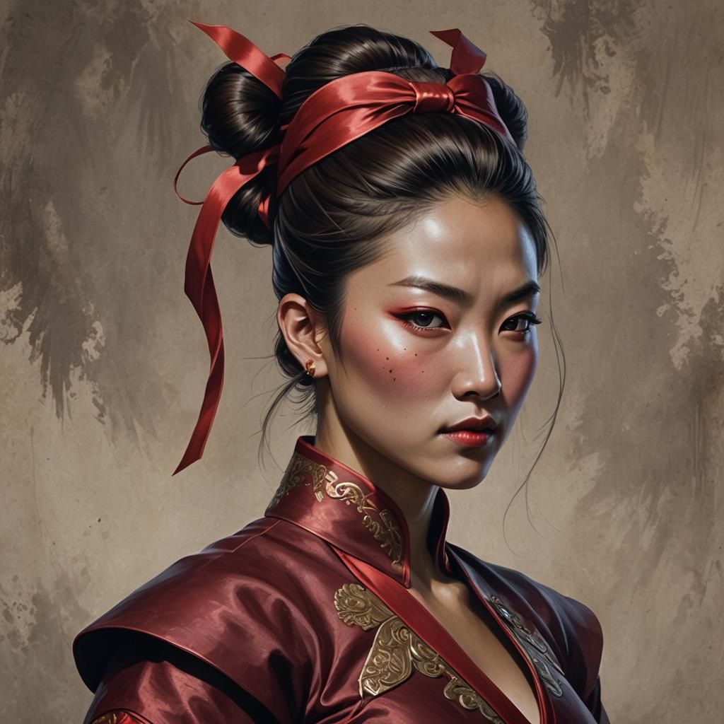 Mongolian Assassin: Hyperrealistic Portrait in Crimson