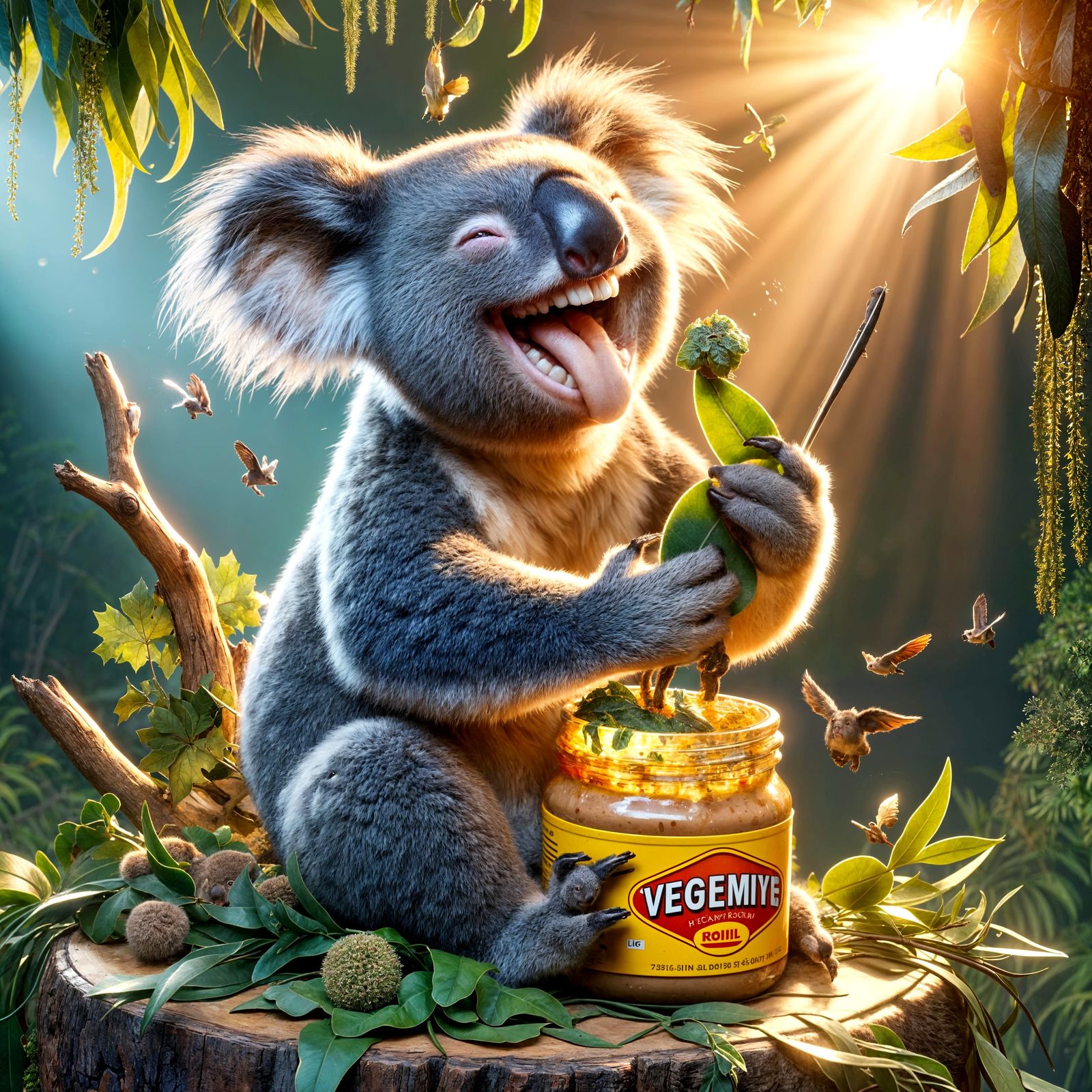 Joyful Koala Enjoys Vegemite Treat in Sunlight