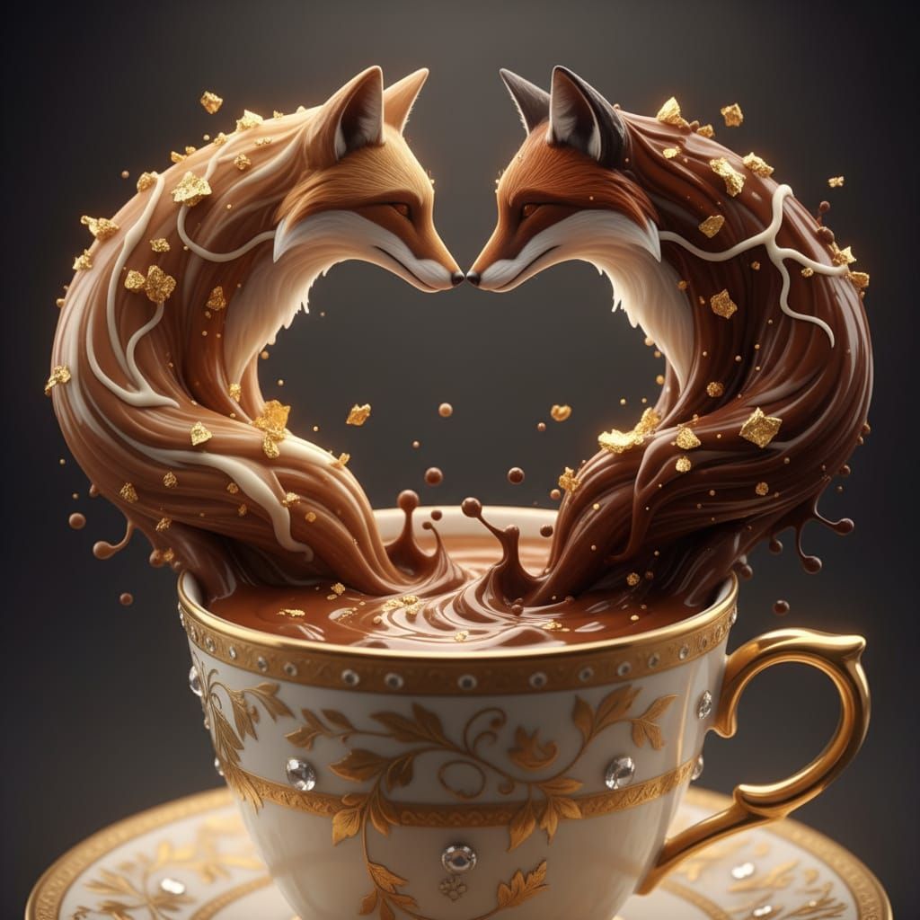 Liquid Chocolate Foxes Nuzzling in Coffee Cup
