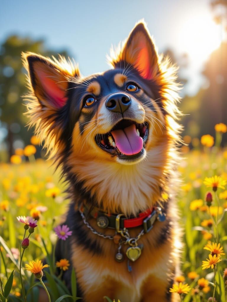 Golden Dog With Pink Tongue and Wildflowers