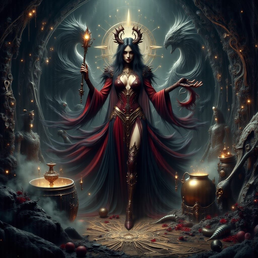 Crimson Sorceress Casting Spells in Nouveau Punk Style