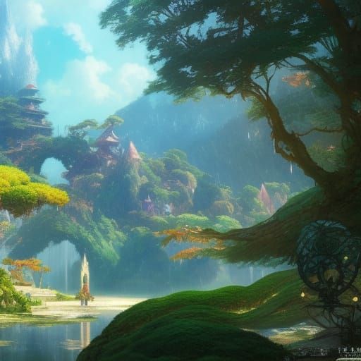 Ghibli-Style Fantasy Island Concept Art