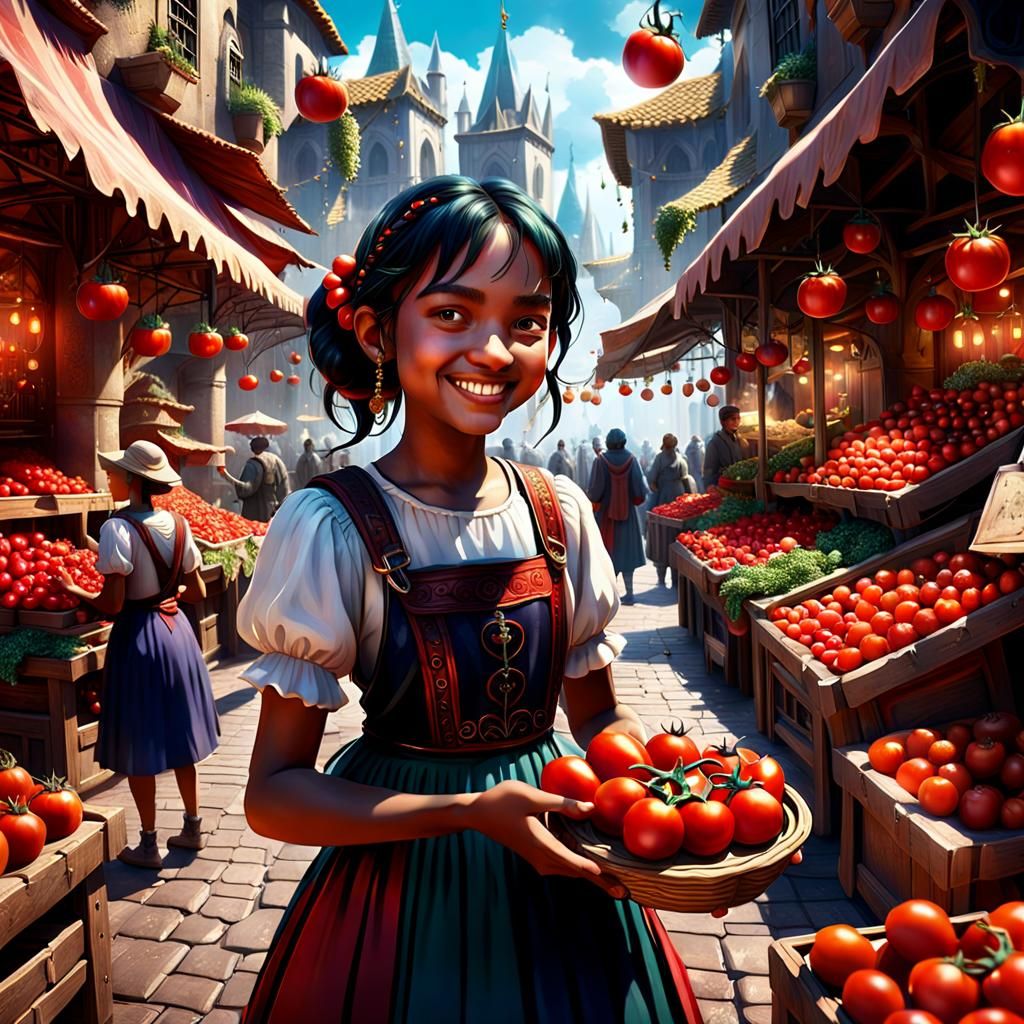 Happy Musician with Tomato in Magical Marketplace