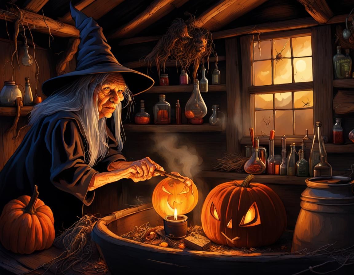 Witch Stirring Cauldron in Hut with Halloween Decor