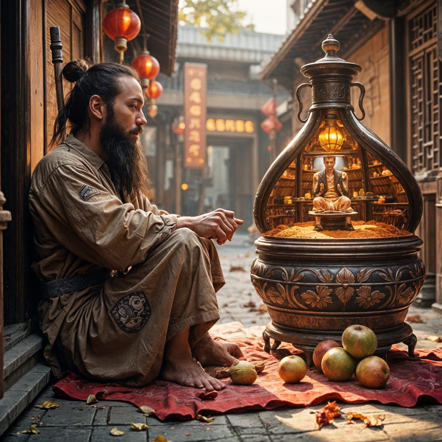 Daoist Immortal Sells Glowing Fruit from Magical Gourd House