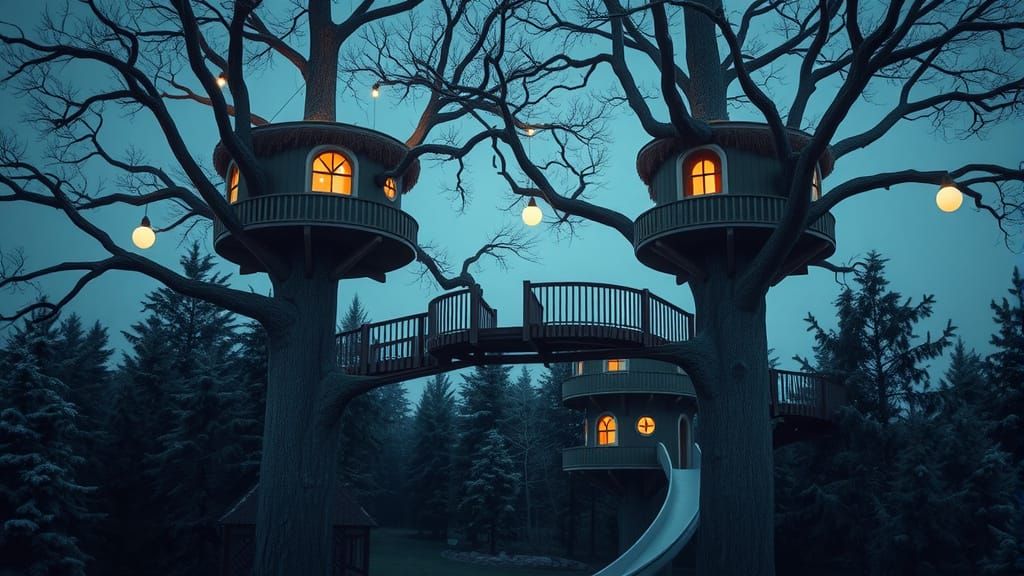 Enchanted Blue Treehouses with Whimsical Slides