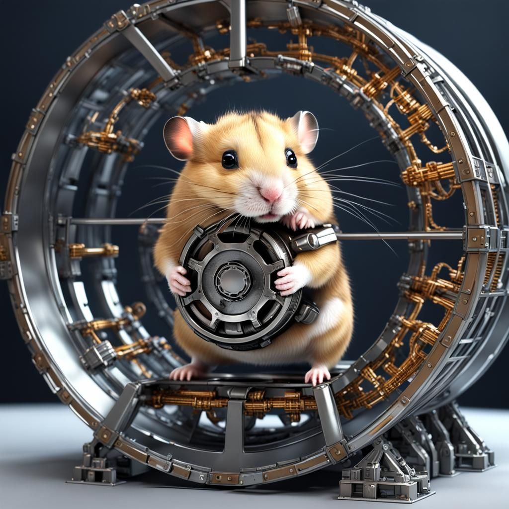 A cyborg pet hamster, in a wheel in a hamster cage, photorealistic, metal, terminator inspired, hyperdetailed, epic, rob...
