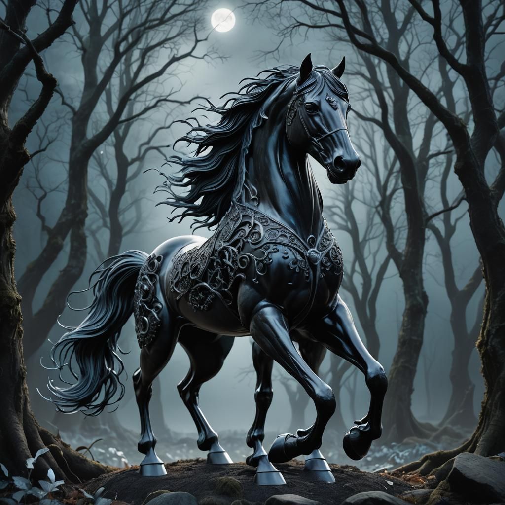 Obsidian Horse Sculpture in Mystical Forest
