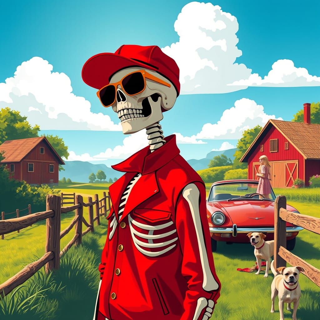 Bold Skeleton in Graphic Farm Scene