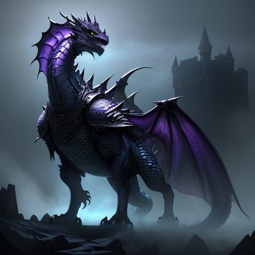 Majestic Dragon Ascends Ruined Castle in Vibrant, Iridescent...