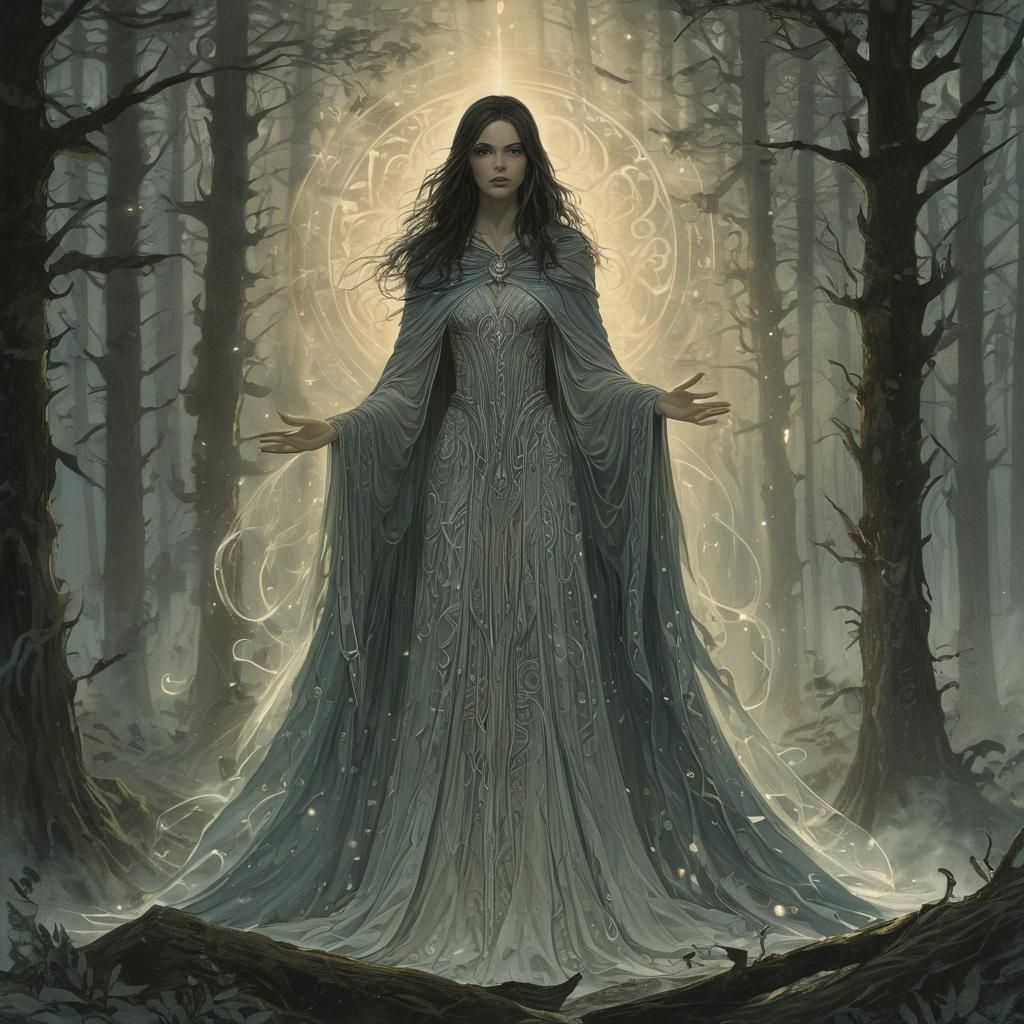 Mystical Sorceress in Forest, Dreamlike Illustration