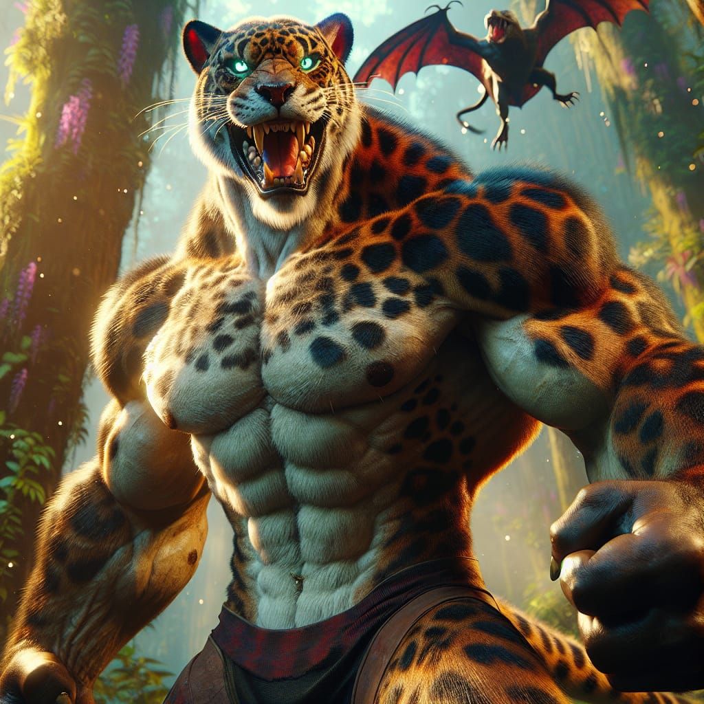 Fearsome Werejaguar Hunter in Lush Rainforest