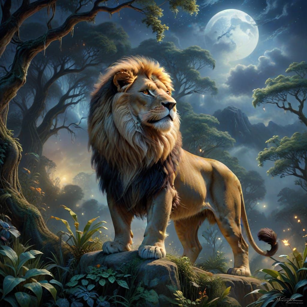 photo realistic Lion with long fur wispy mist set against a jungle moonlit sky ethereal fantasy hyperdetailed mis...