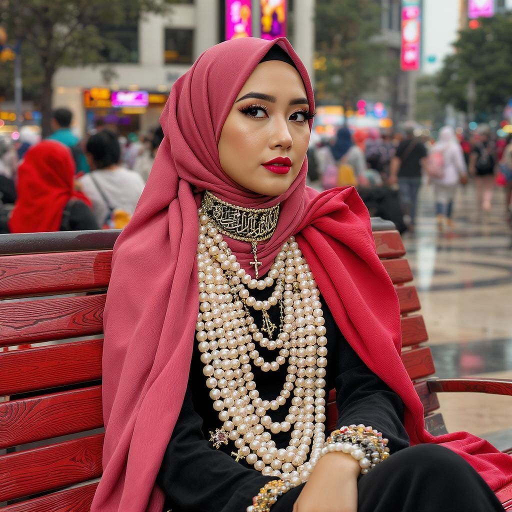 Woman in Hijab with Pearl Jewelry, Murakami Style