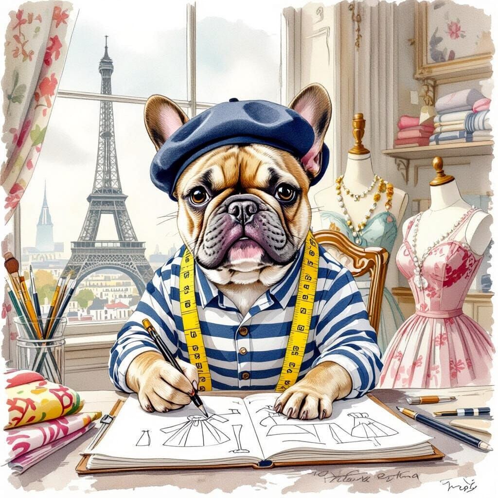French Bulldog Fashion Designer in Parisian Atelier