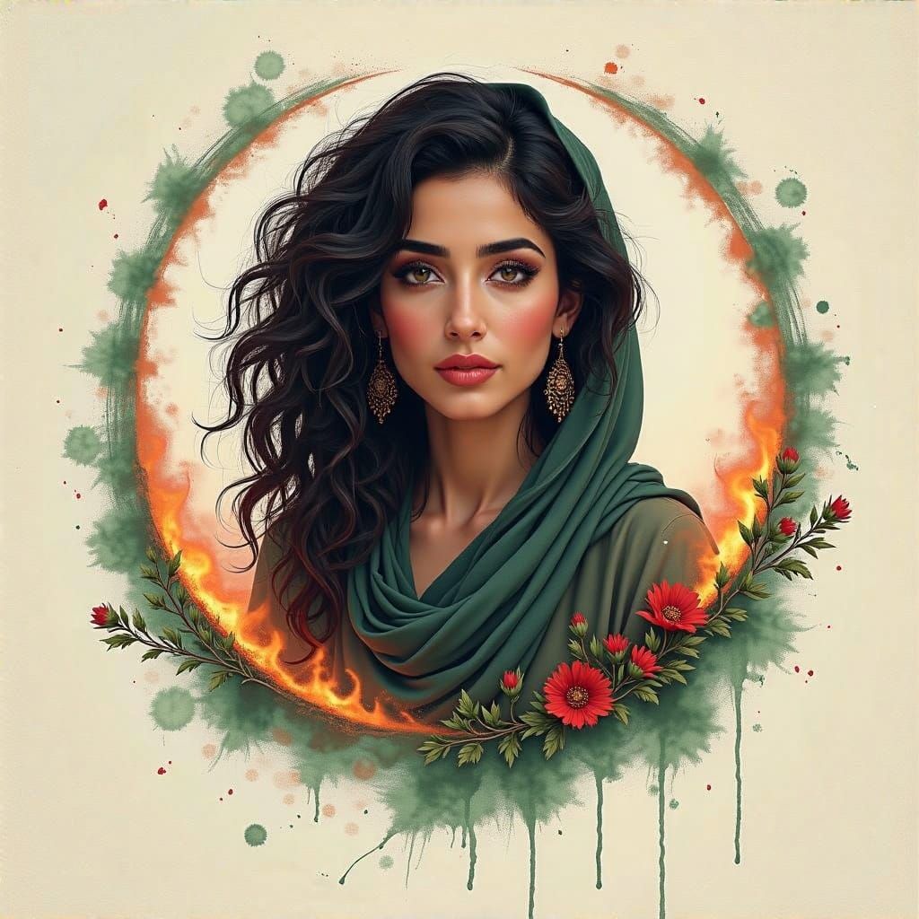 Palestinian Woman in Traditional Attire with Abstract Fire a...