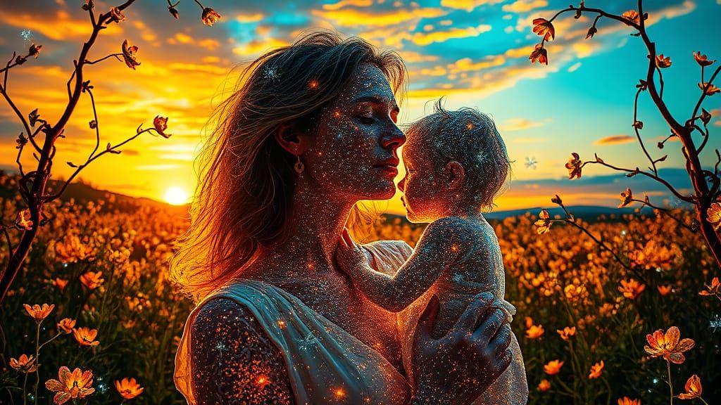 Mother in Dreamlike Landscape of Light and Color