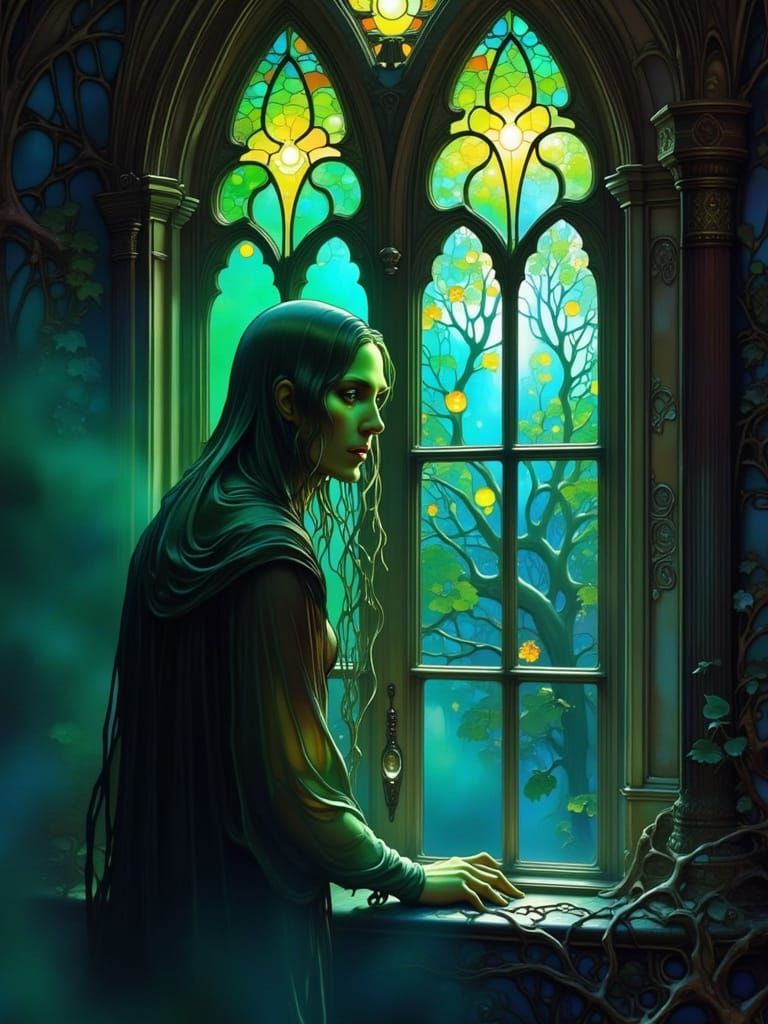 Ethereal Ghost Peers from Victorian Mansion Window