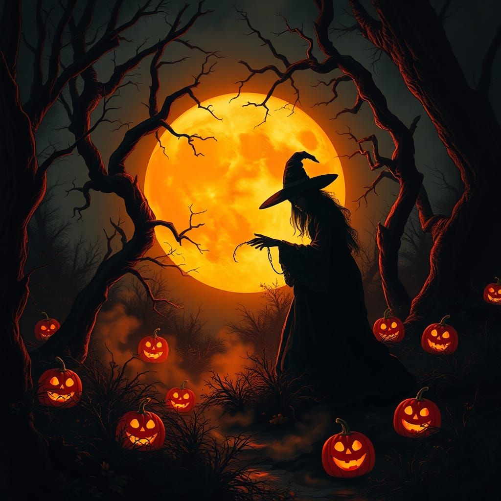 A witch casting a spell in a dark forest. Warm orange glow. Vivid colors and bold brushstrokes like the styl...