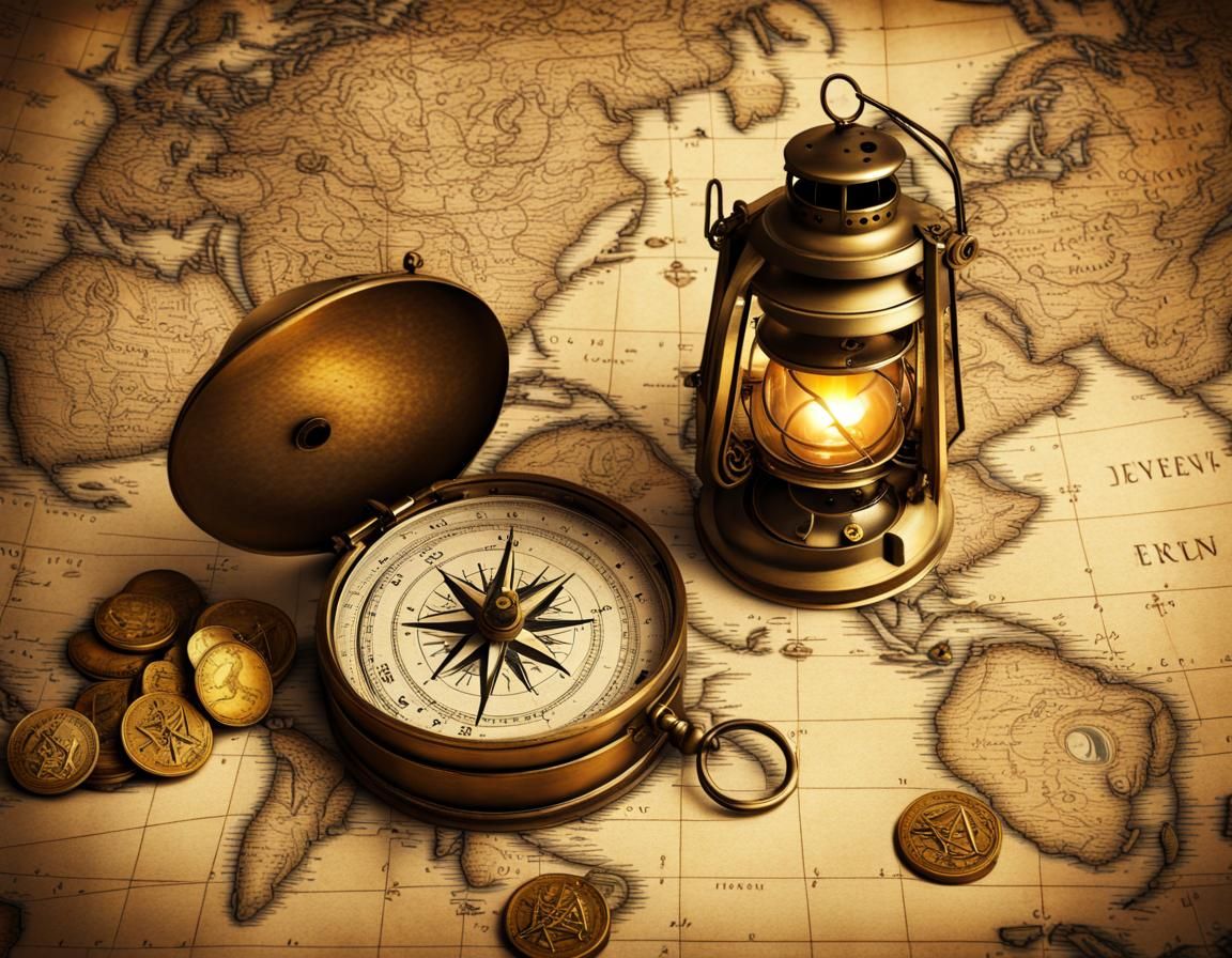 Antique Map with Gold Coins and Compass