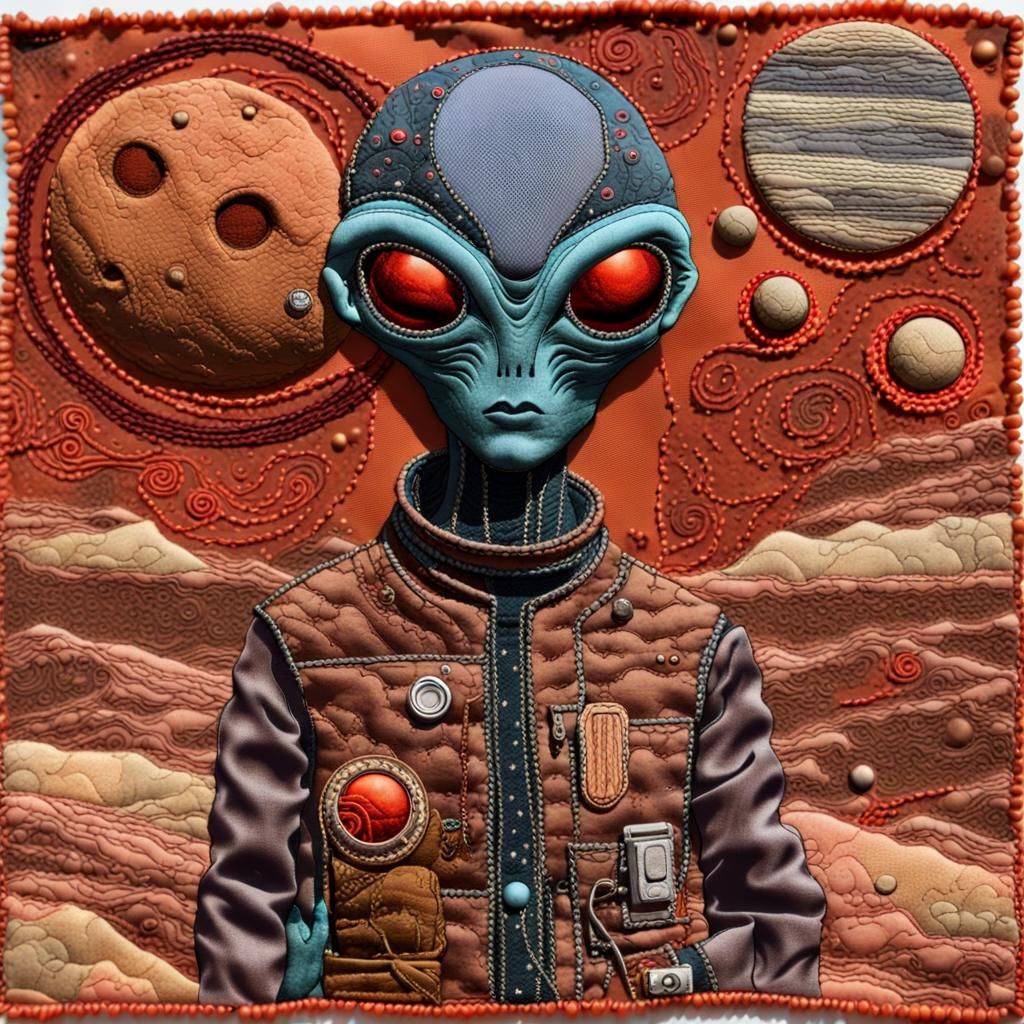 Alien on Mars: Embroidered Fabric Collage