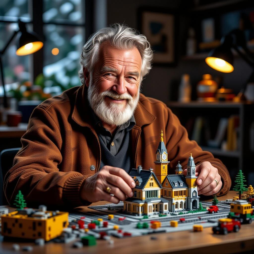 Elderly Man Builds Detailed LEGO City in Dramatic Light
