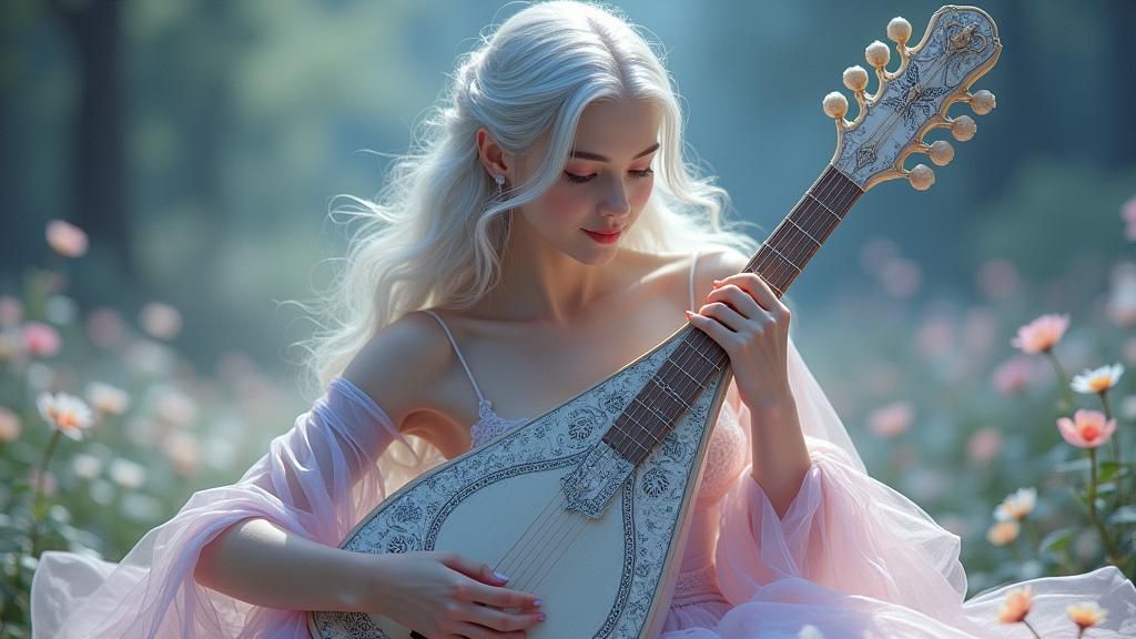 Young Woman Playing Lute in Dreamlike Setting