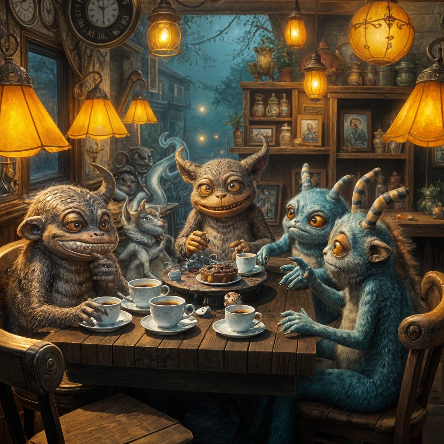 Surreal Nighttime Monsters Gather in a Cozy Café