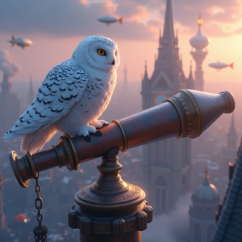 Majestic Snowy Owl on Brass Telescope Over Magical Metropoli...