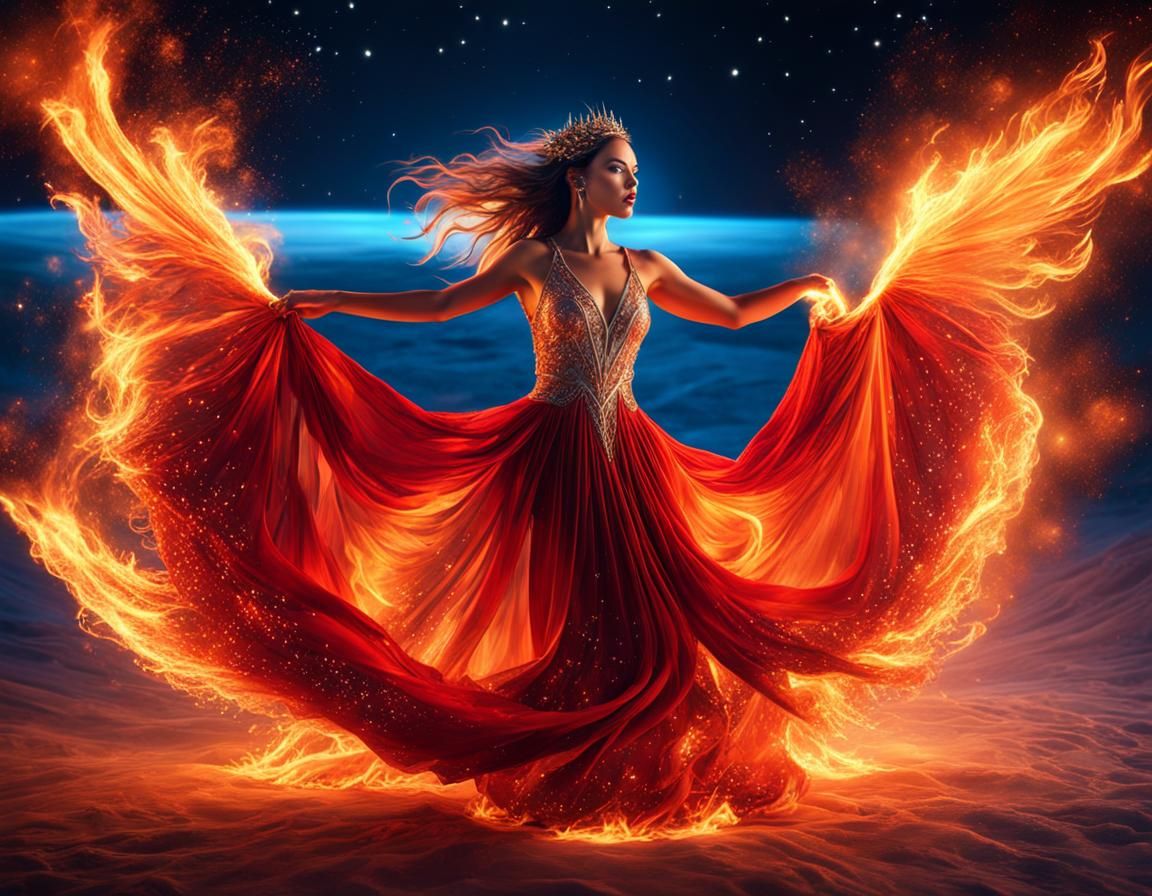 Fiery Dancer on Ice Plain Under Starry Sky