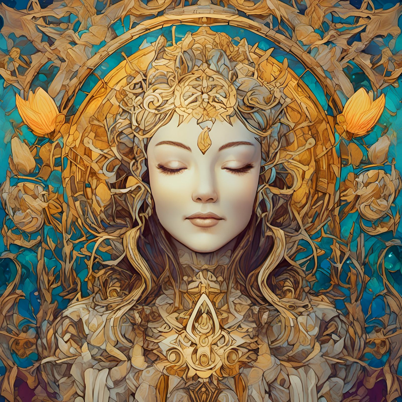 Intricate Art Nouveau Portrait in Ivory and Gold