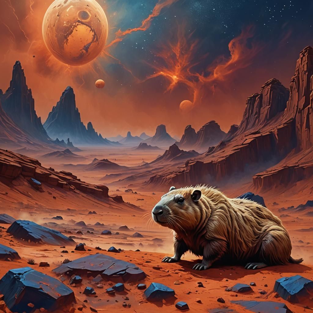 Capybara's Dramatic Pose on Mars as Impasto Art