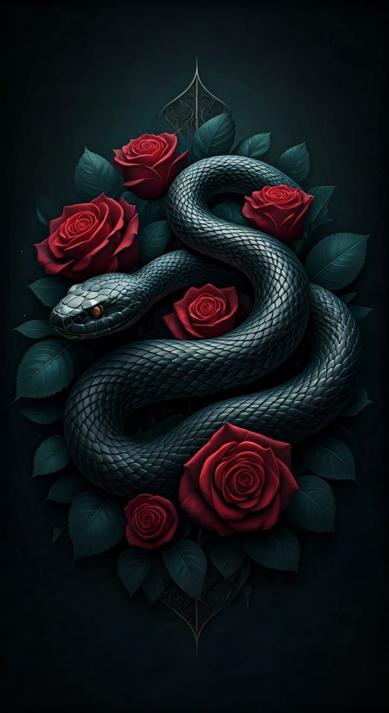 Black Snake Coiled in Dark Red Roses