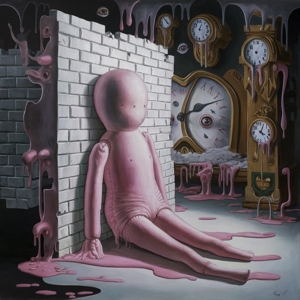 Surreal Pink Rag Doll Melting Against Brick Wall