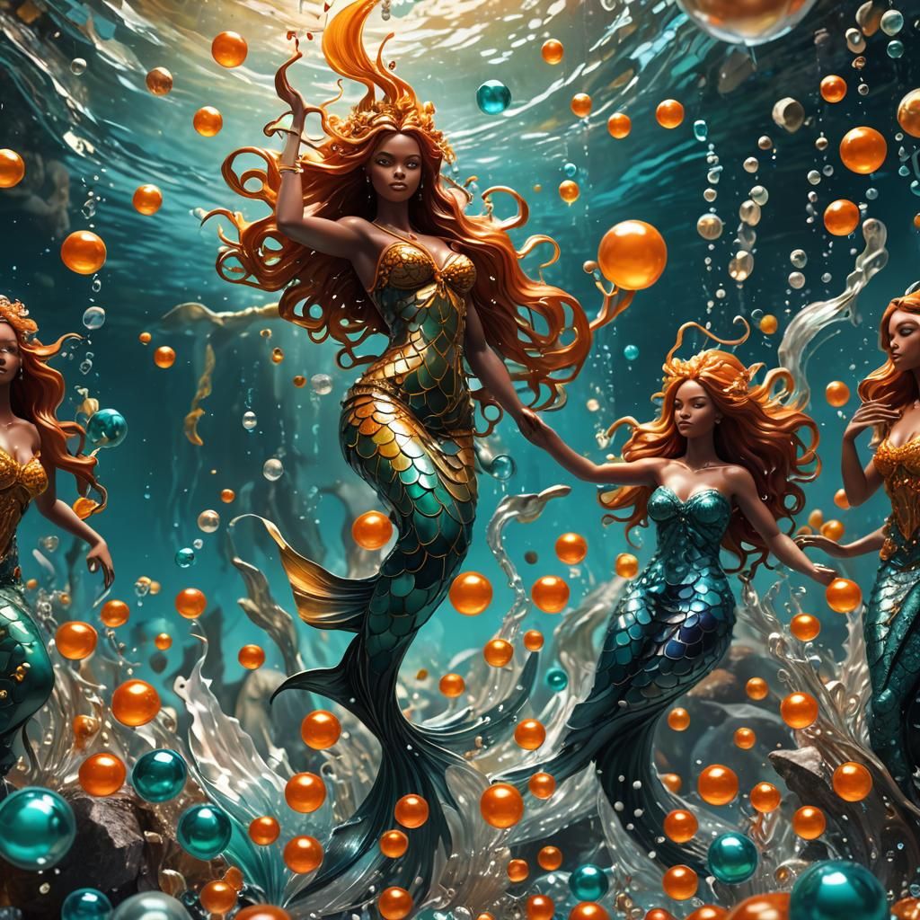 Mermaids in Water with Marbles and Wax Art