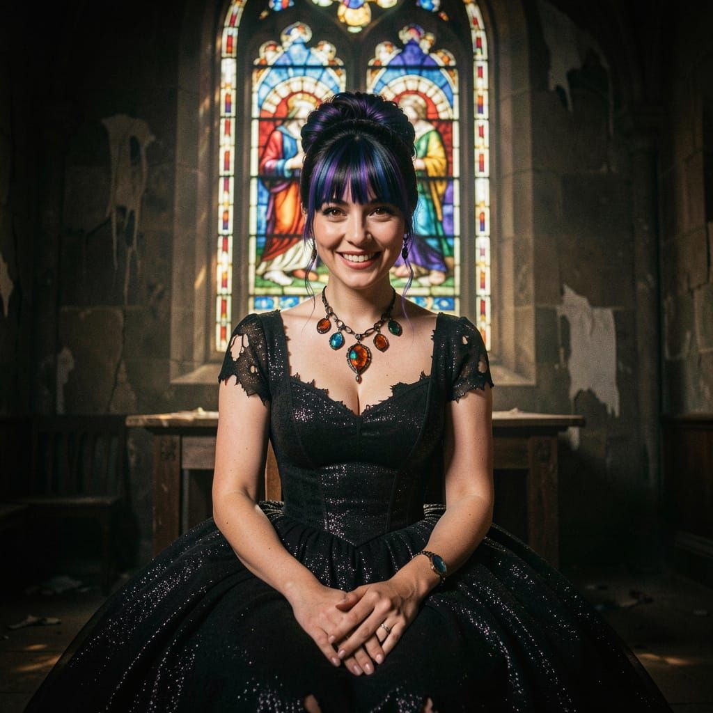 Victorian Woman in Stained Glass Church