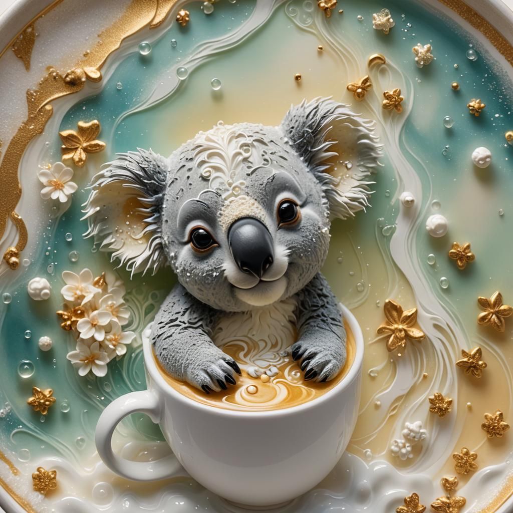 A 3D koala latte art sitting in a frothy bubble bath, with t...