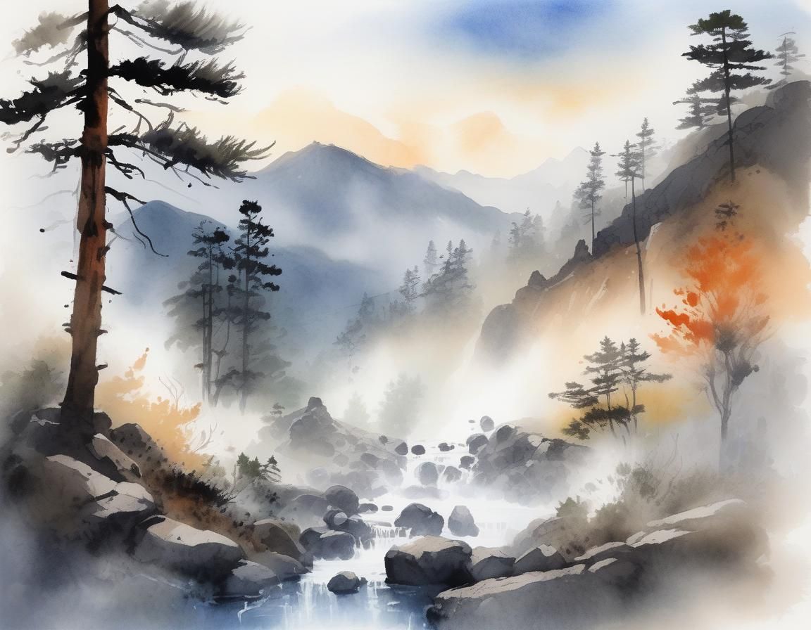 Mountainside Hot Springs at Sunrise: Ink Wash Painting