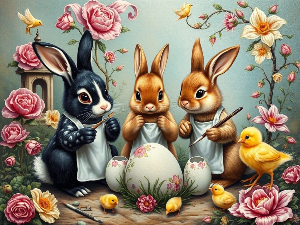 Surreal Easter Bunnies Painting Eggs in Fantasy Landscape