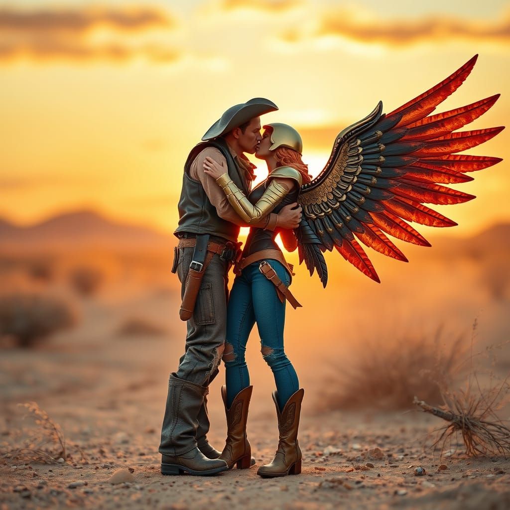 Cowboy and Hawkgirl Kiss in Sunset, Comic Art