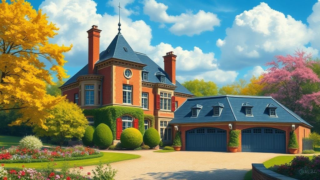 Elegant Brick Chateau Surrounded by Vibrant Garden and Trees