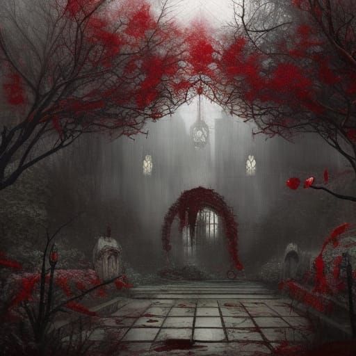 Eerie Gothic Garden of Crimson Roses