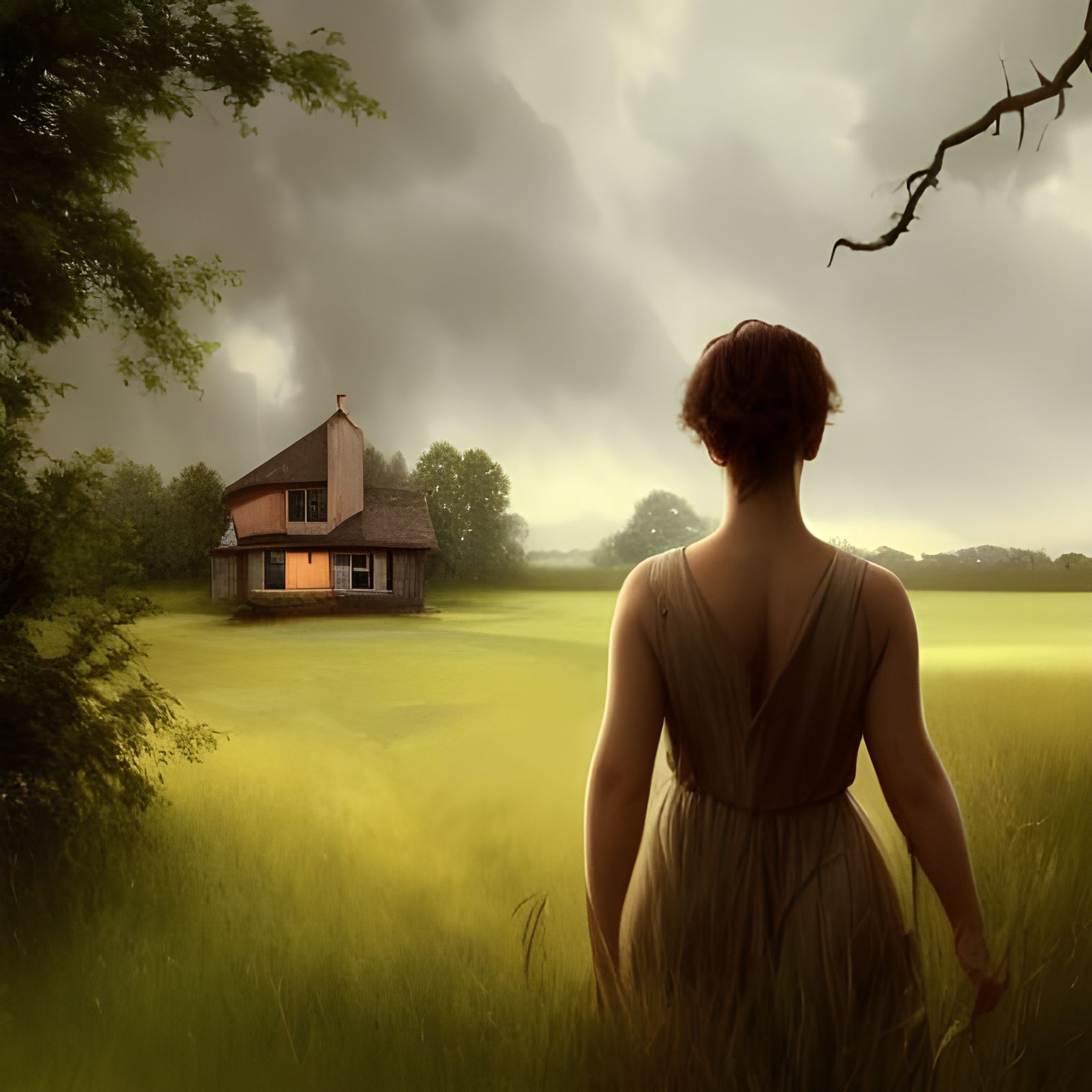 Surreal Farmhouse Landscape with Storm, Hyper-realistic