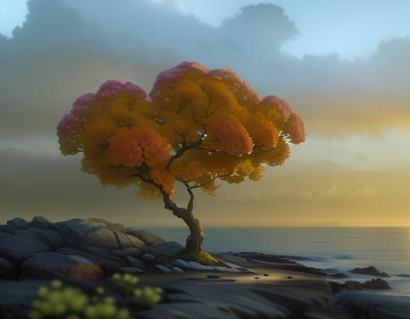 Lone Hydrangea Tree Amidst Serene Seascape in Warm Analogous...