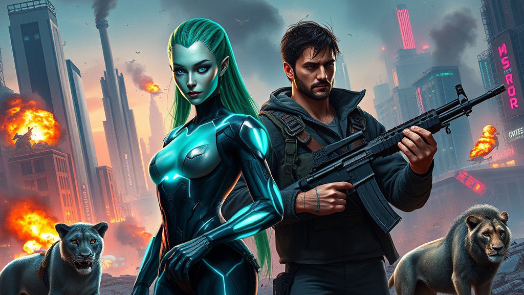 Alien Warrior and Human Soldier in Dystopian Cityscape